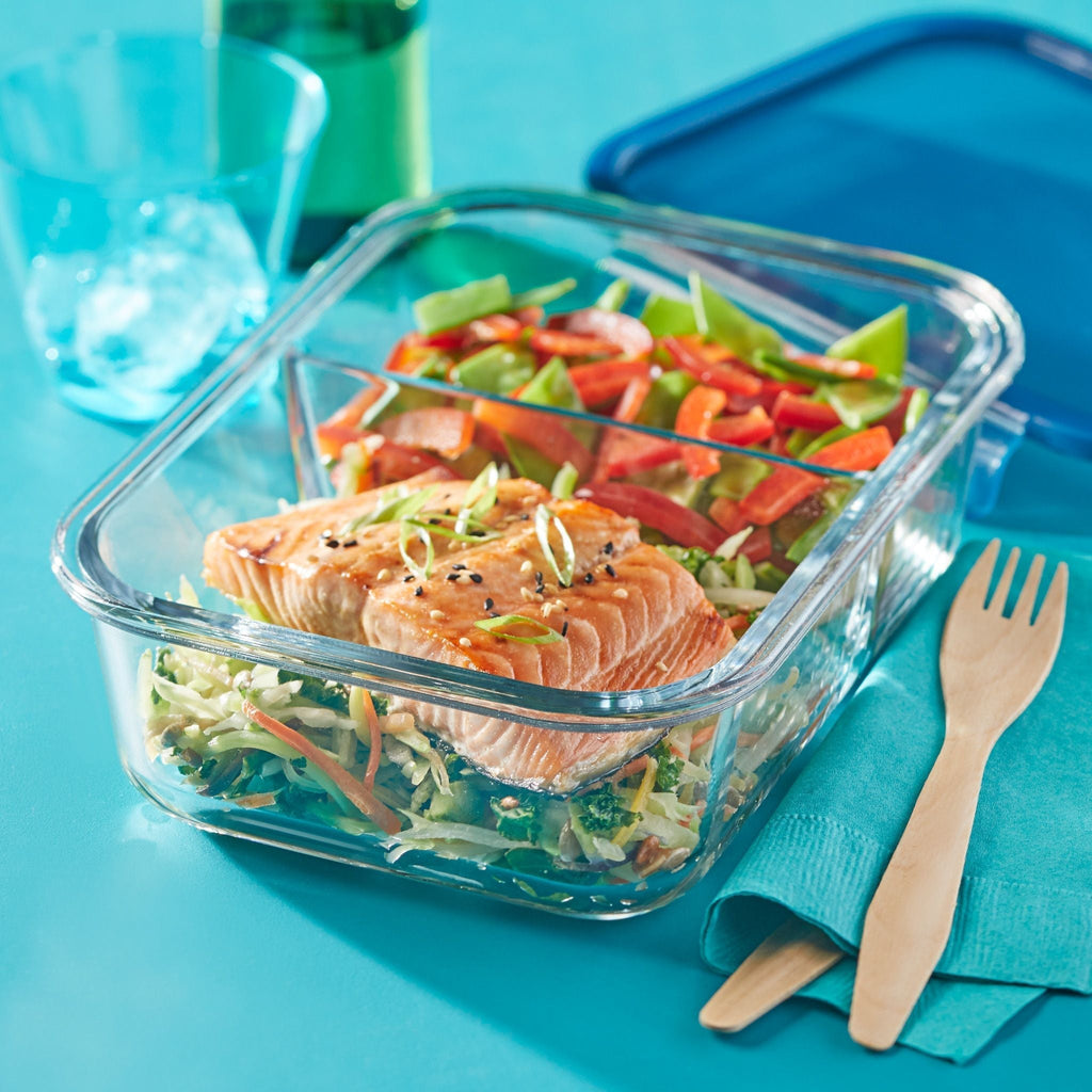 Pyrex Pyrex® MealBox™ 5.8-cup Divided Glass Food Storage Container with Blue Lid