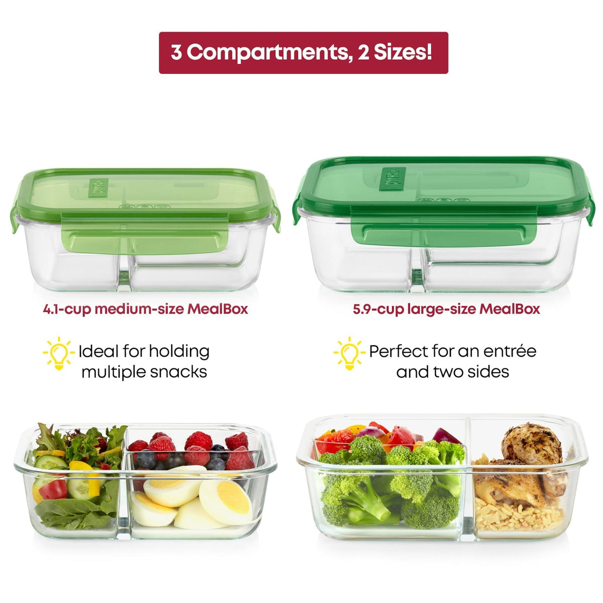 Pyrex Pyrex® MealBox™ 4-cup Divided Glass Food Storage Container with Green Lid