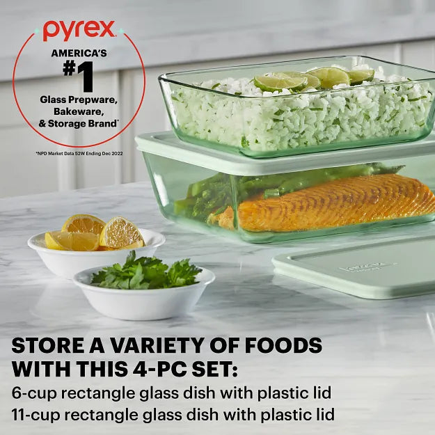 Pyrex Pyrex® Simply Store® Tinted 4-piece Rectangle Storage Set with Green Plastic Lids